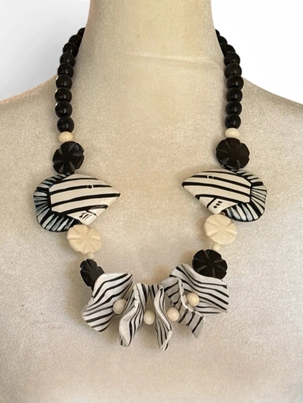Vintage Black & White Striped Fish Statement Necklace